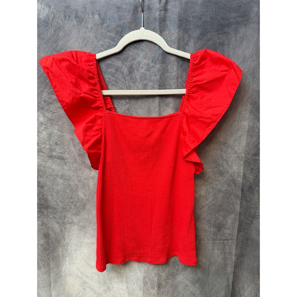 A New Day Womens Red Ribbed Ruffle Flutter Sleeve‎ Square Neck Tank Top XS
